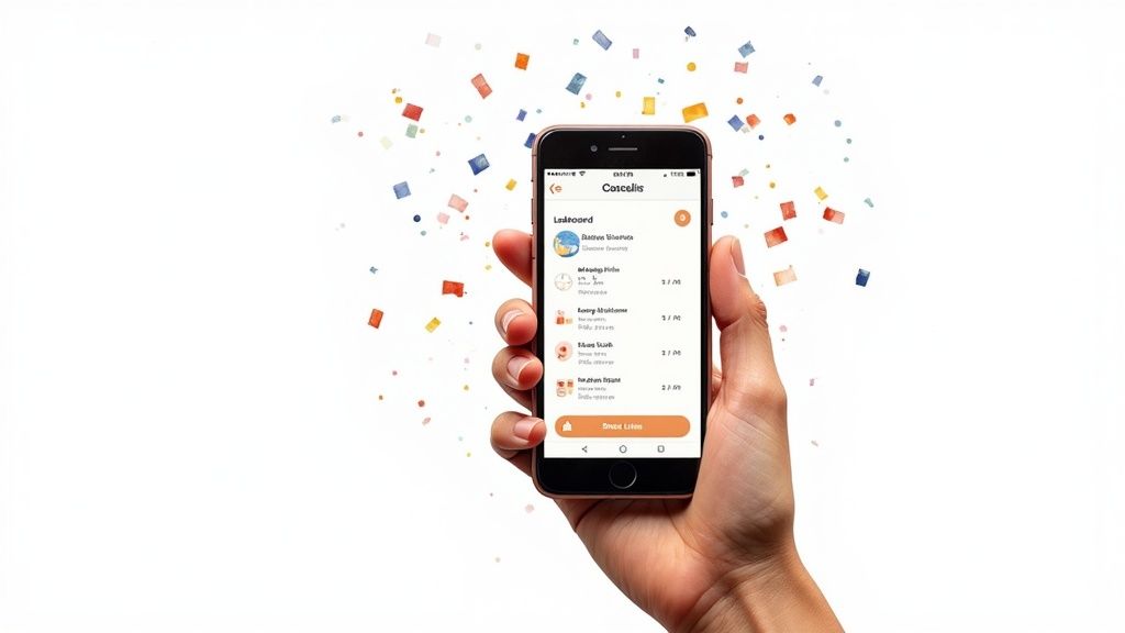 A hand holds a smartphone displaying a leaderboard app with colorful confetti falling.
