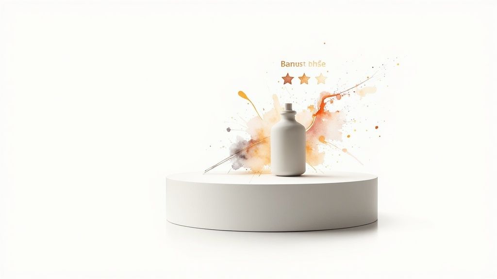 A white product bottle on a pedestal with colorful watercolor splashes and a two-star rating.