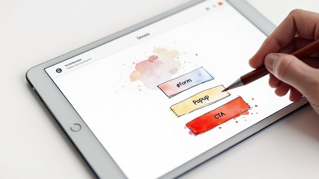 A designer using a drag-and-drop interface on a tablet to create a popup form