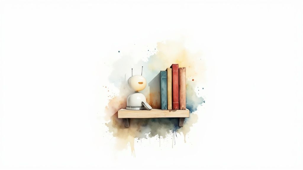 A cute white retro robot sits on a wooden shelf next to four colorful books, with watercolor splatters.