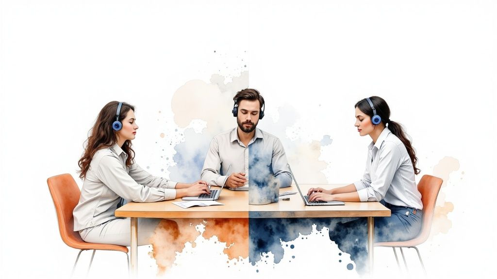 A customer service agent wearing a headset and smiling while working on a laptop.