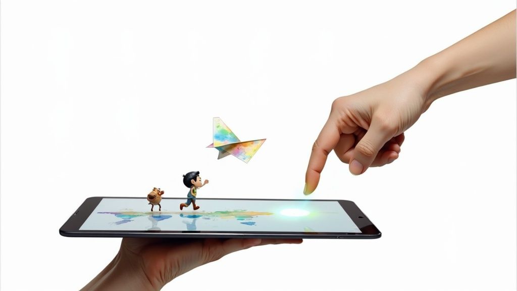 Hand interacting with tablet screen showing animated character chasing colorful butterfly in augmented reality