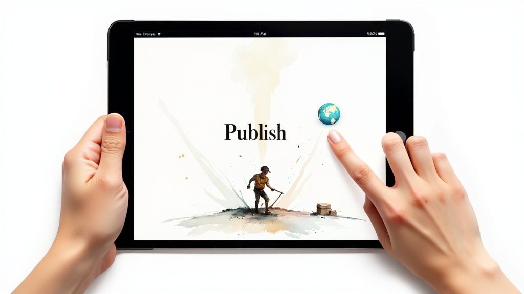 Hands holding a tablet displaying "Publish" and a globe icon, with a finger touching the globe.