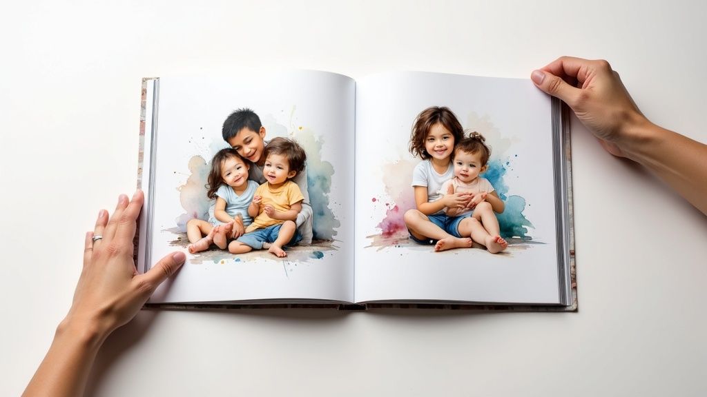 Two siblings excitedly opening a beautifully wrapped personalized book, their faces full of joy.