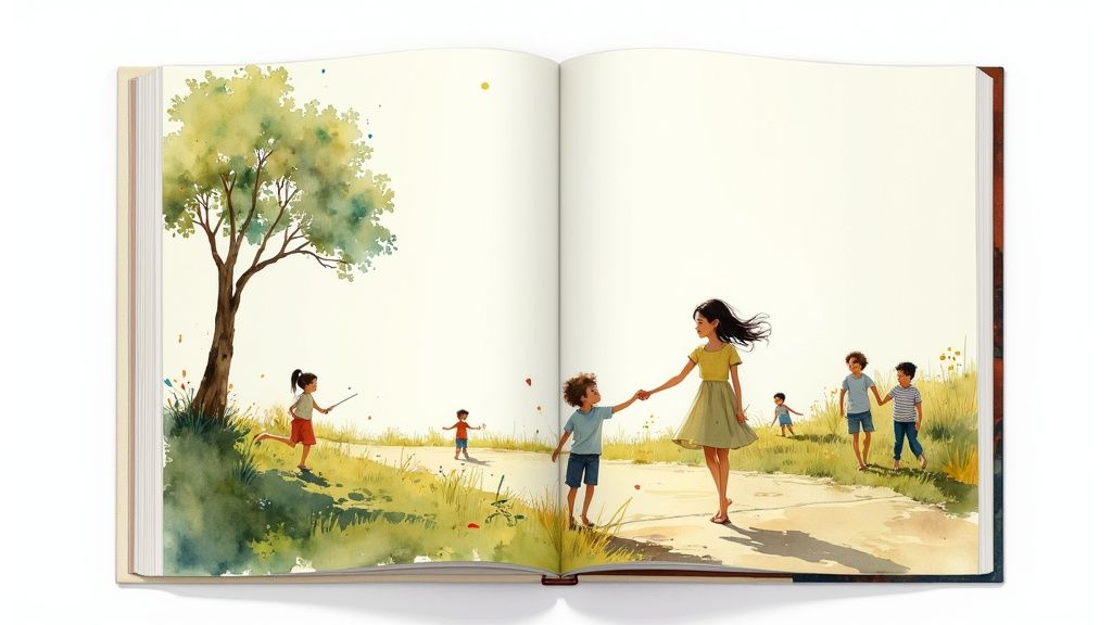 A family happily reading a personalized book together.