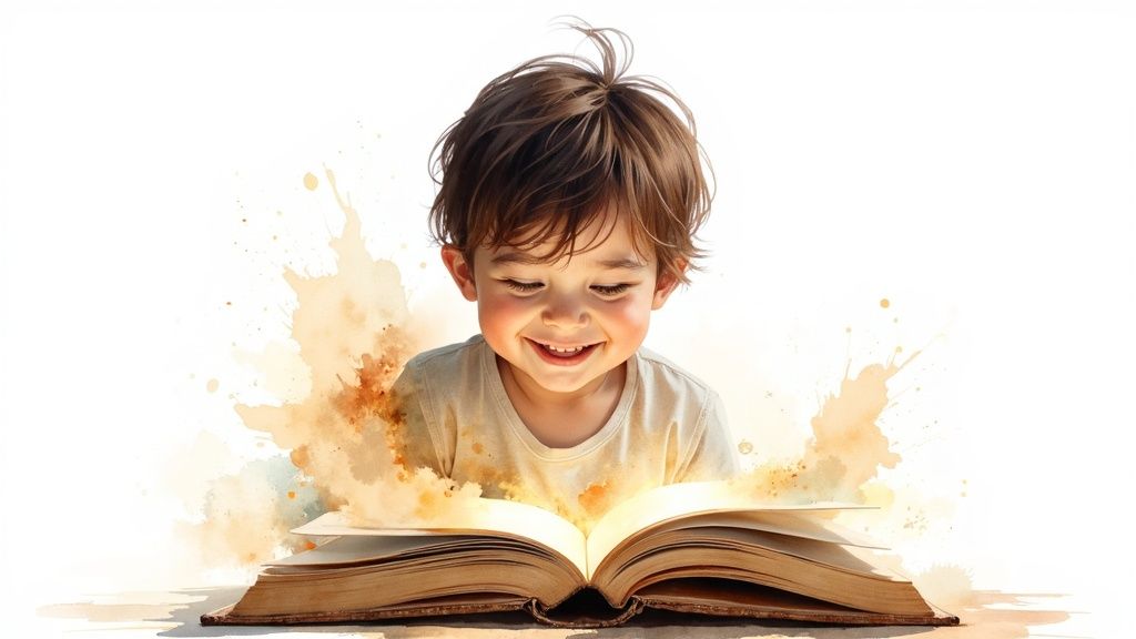 A young child excitedly reading a personalized book where she is the main character