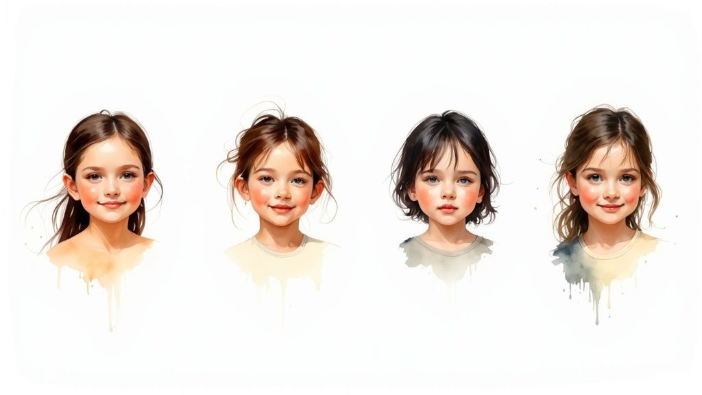 Four watercolor portraits of young girls with varying hairstyles and expressions on a white background.