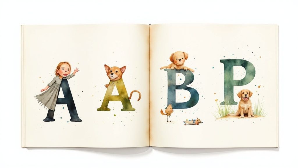 An open watercolor alphabet book displays letters A, B, P with a girl, dogs, and a small bird.