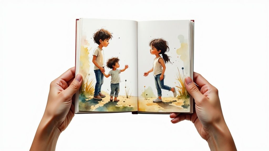 A young child points to a character in a storybook that looks exactly like them, created from their photo.