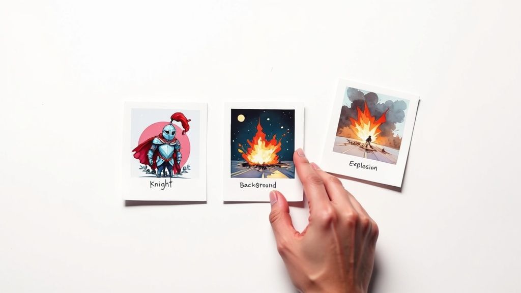 A hand arranges three polaroid-style cards showing a knight, a campfire, and an explosion on a white surface.