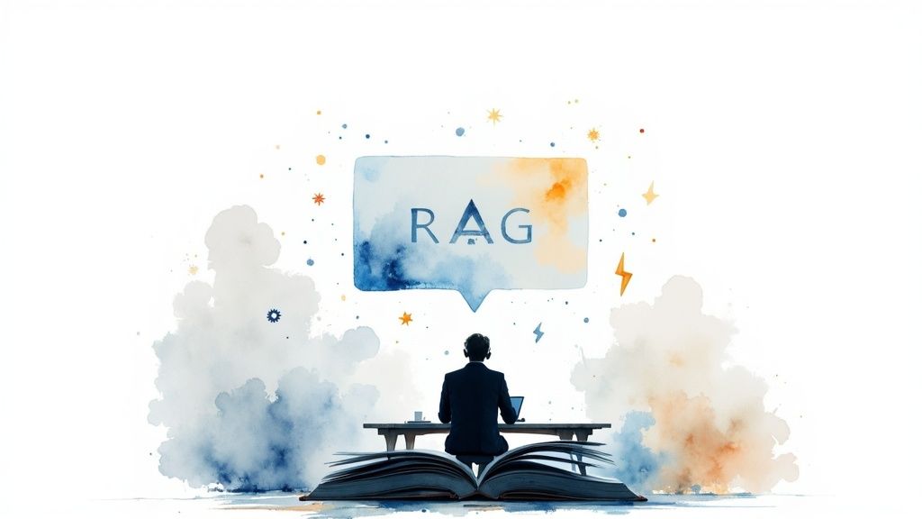 Watercolor illustration of a person studying at a desk on an open book with a 'RAG' speech bubble.