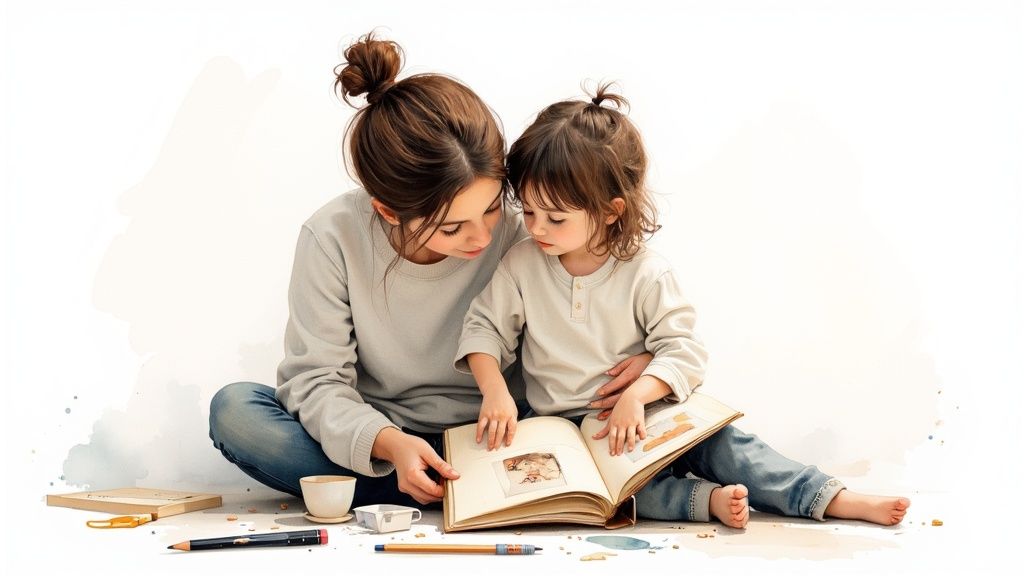 A child and parent happily reading a handmade book together, surrounded by craft supplies.