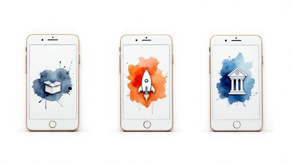 Several smartphone screens showing AI chatbot conversations in different industries like e-commerce and finance.