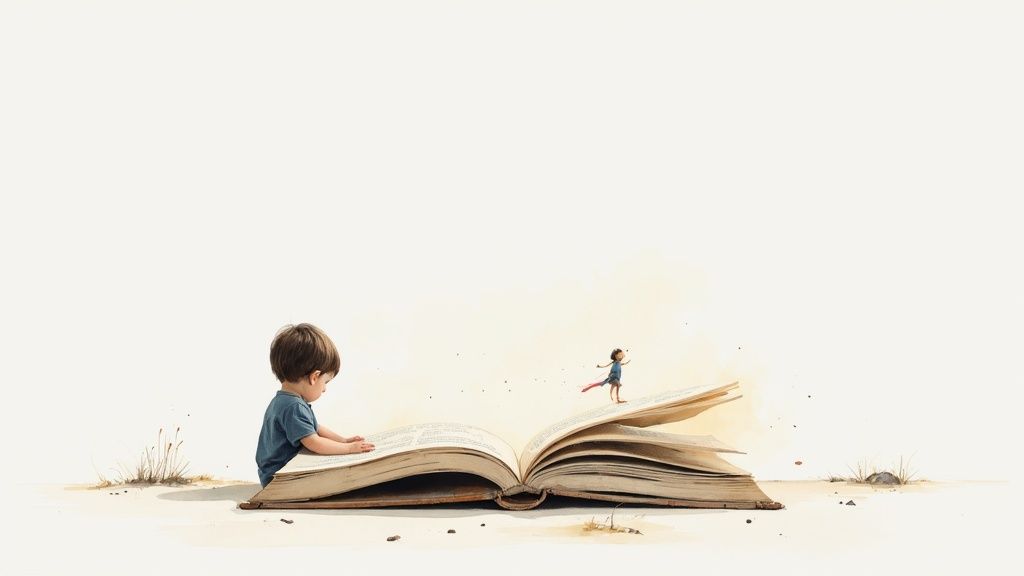 A beautifully illustrated storybook showing a young girl on an adventure.