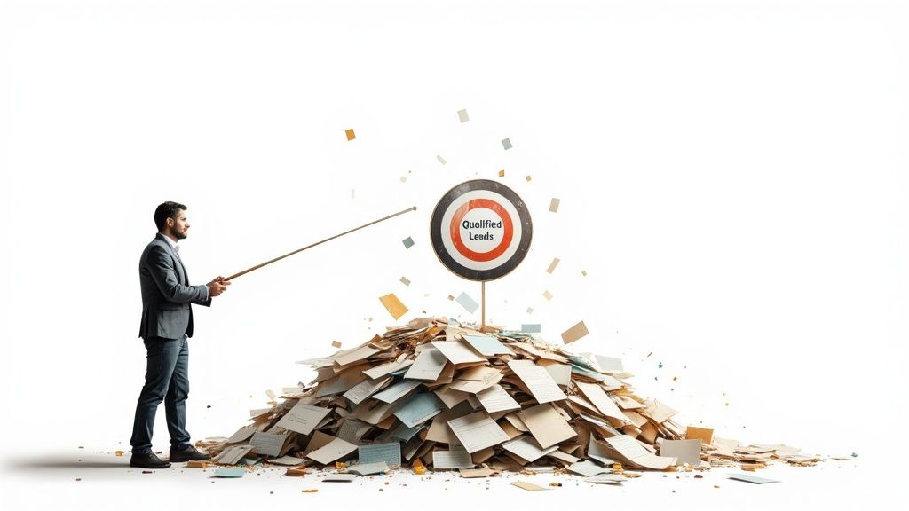 A marketer analyzing a futuristic digital interface showing customer data and lead generation metrics.