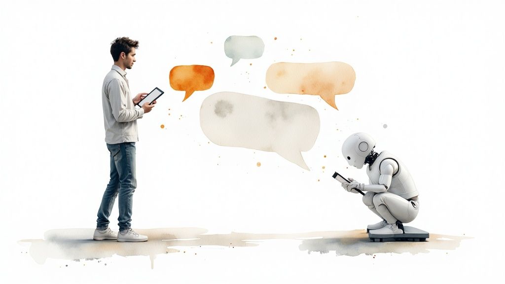 Human and AI robot communicating with speech bubbles representing chatbot conversation and interaction