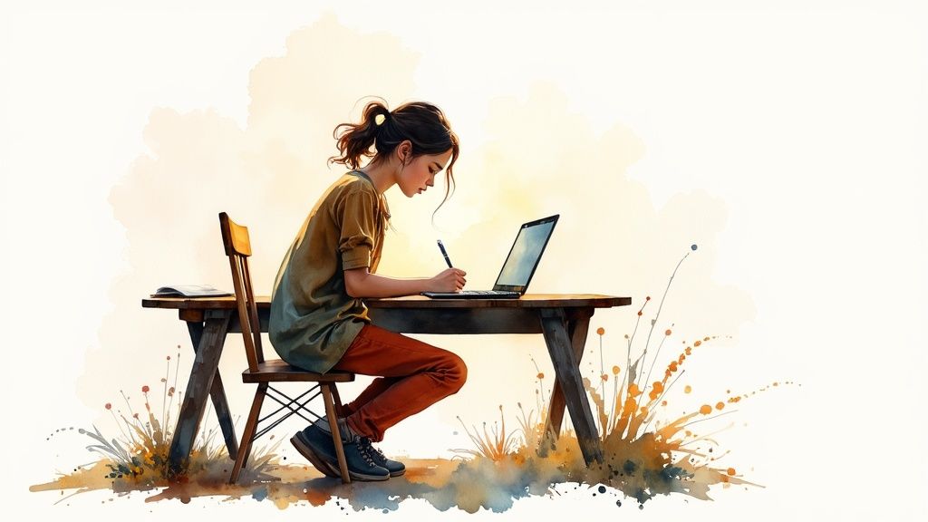 A person sitting at a desk, focused on writing in a notebook.