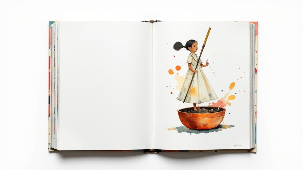 A well-designed board book with rounded corners and clear illustrations sits on a colorful surface.