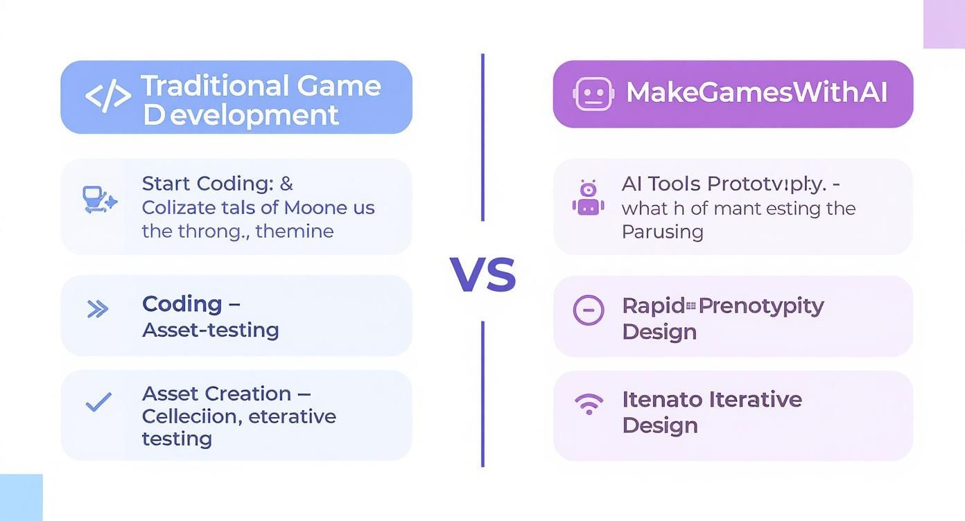 A side-by-side comparison illustrating traditional game development versus AI-powered game creation.