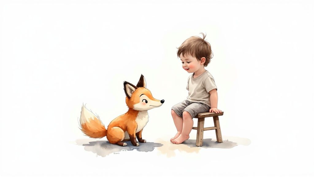 A collection of charming, illustrated characters from different children's stories, smiling and interacting.