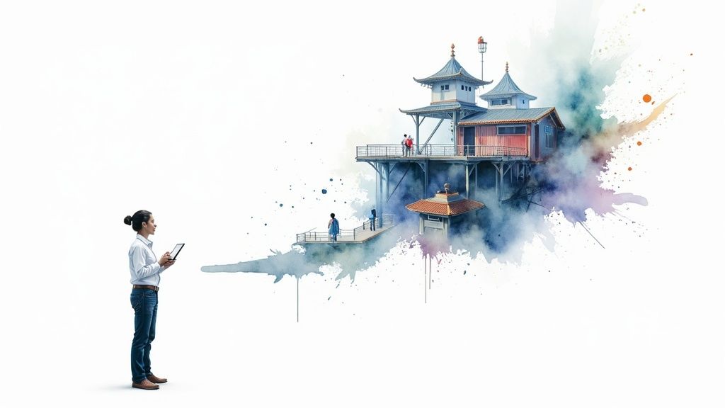 Woman with tablet viewing watercolor illustration of Asian architecture representing digital creativity and game development