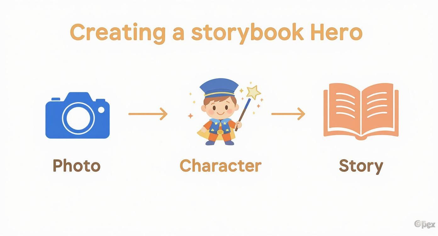 A diagram illustrating the creation of a storybook hero: Photo transforms into a Character, which leads to a Story.