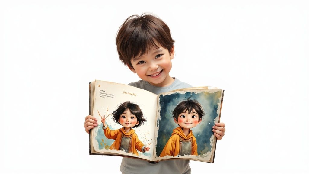 A personalized story book page featuring a child as the main character