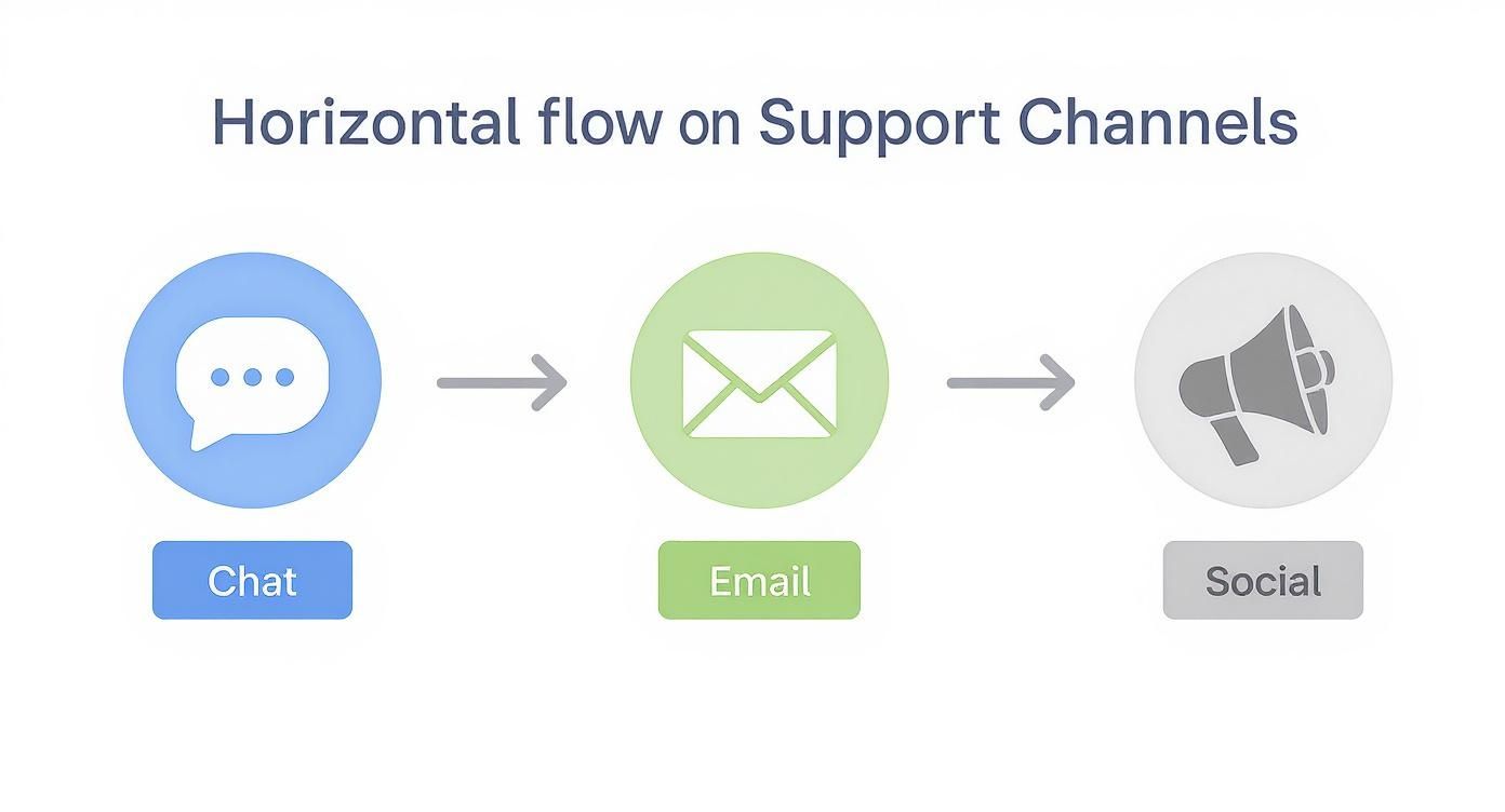 Infographic showing the process flow of customer feedback from chat, email, and social media channels.