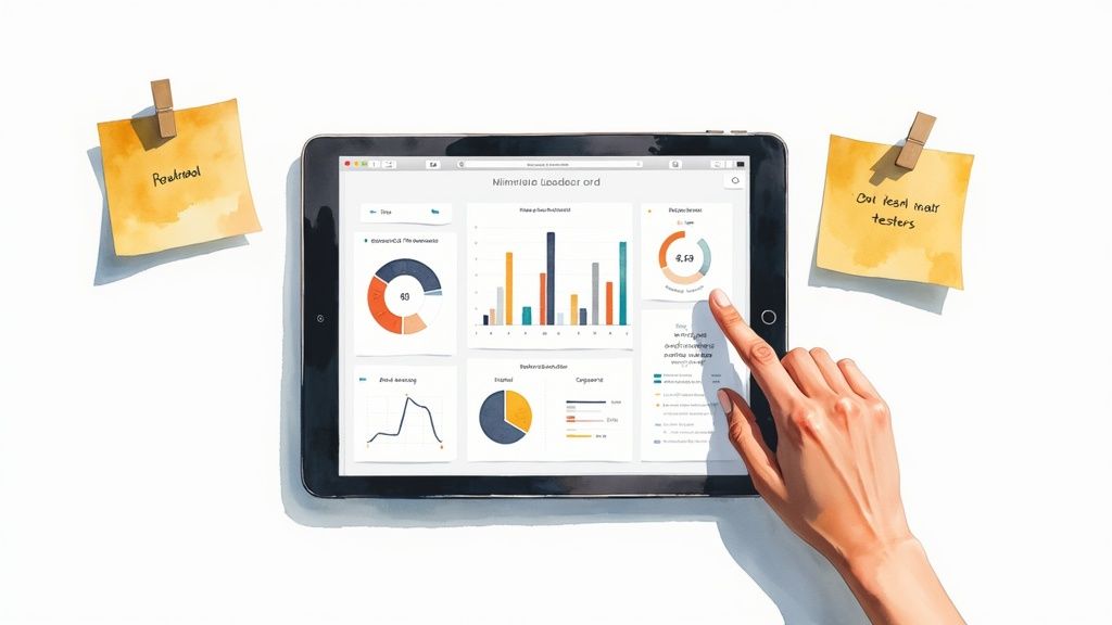 Hand interacting with tablet displaying business analytics dashboard with charts and performance metrics