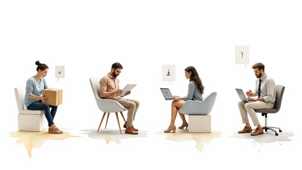 A person at a desk looking at different chatbot interfaces on a computer screen, representing different real-world scenarios.