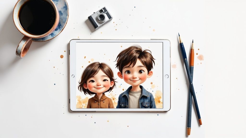 A flatlay with a coffee cup, camera, tablet showing two cartoon children, and art pens.