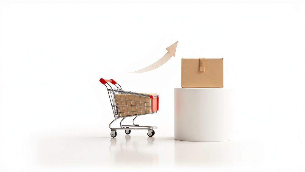 Shopping cart with boxes and upward arrow showing customer lifetime value growth concept