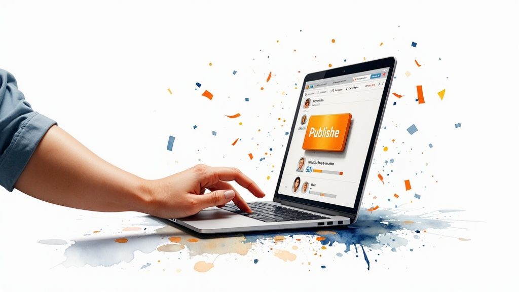 A person's hand types on a laptop keyboard with a 'Publishe' button on screen, surrounded by confetti.