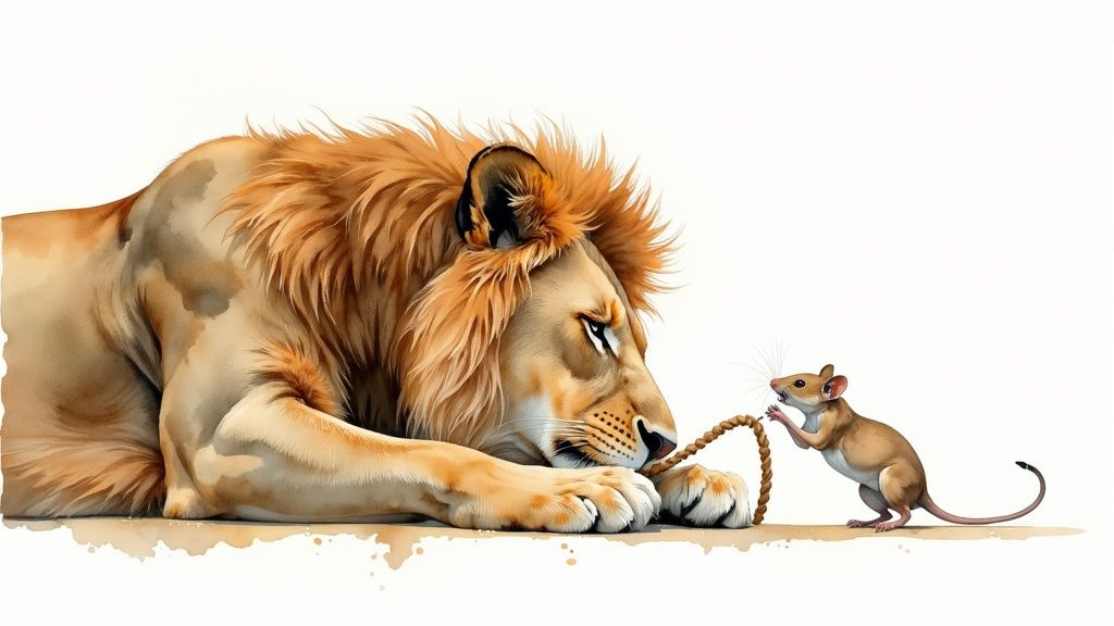 A large, sleepy lion rests while a small mouse playfully pulls a rope near its paw, an illustration.