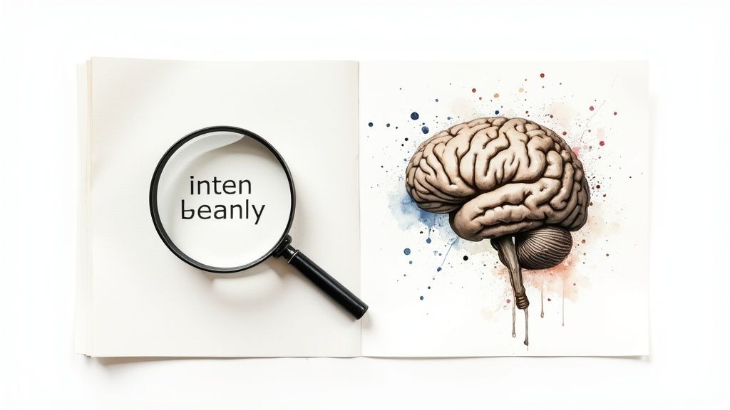A magnifying glass highlights 'inten beanly' on a page, opposite a vibrant watercolor illustration of a human brain.