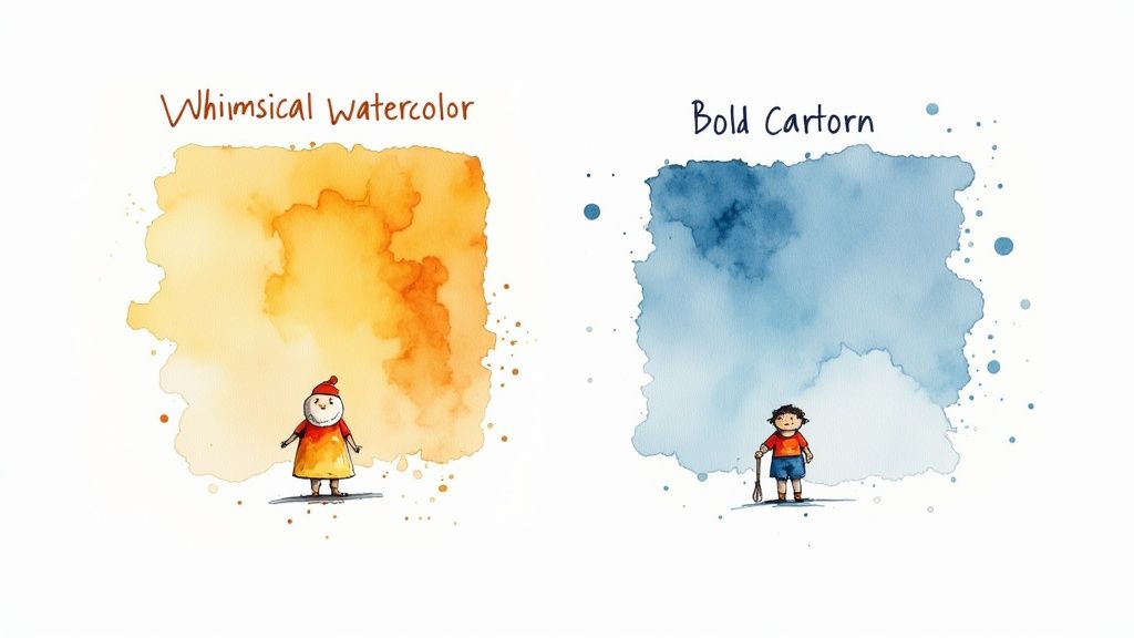 A collection of different art styles for children's storybooks, from watercolor to cartoon.