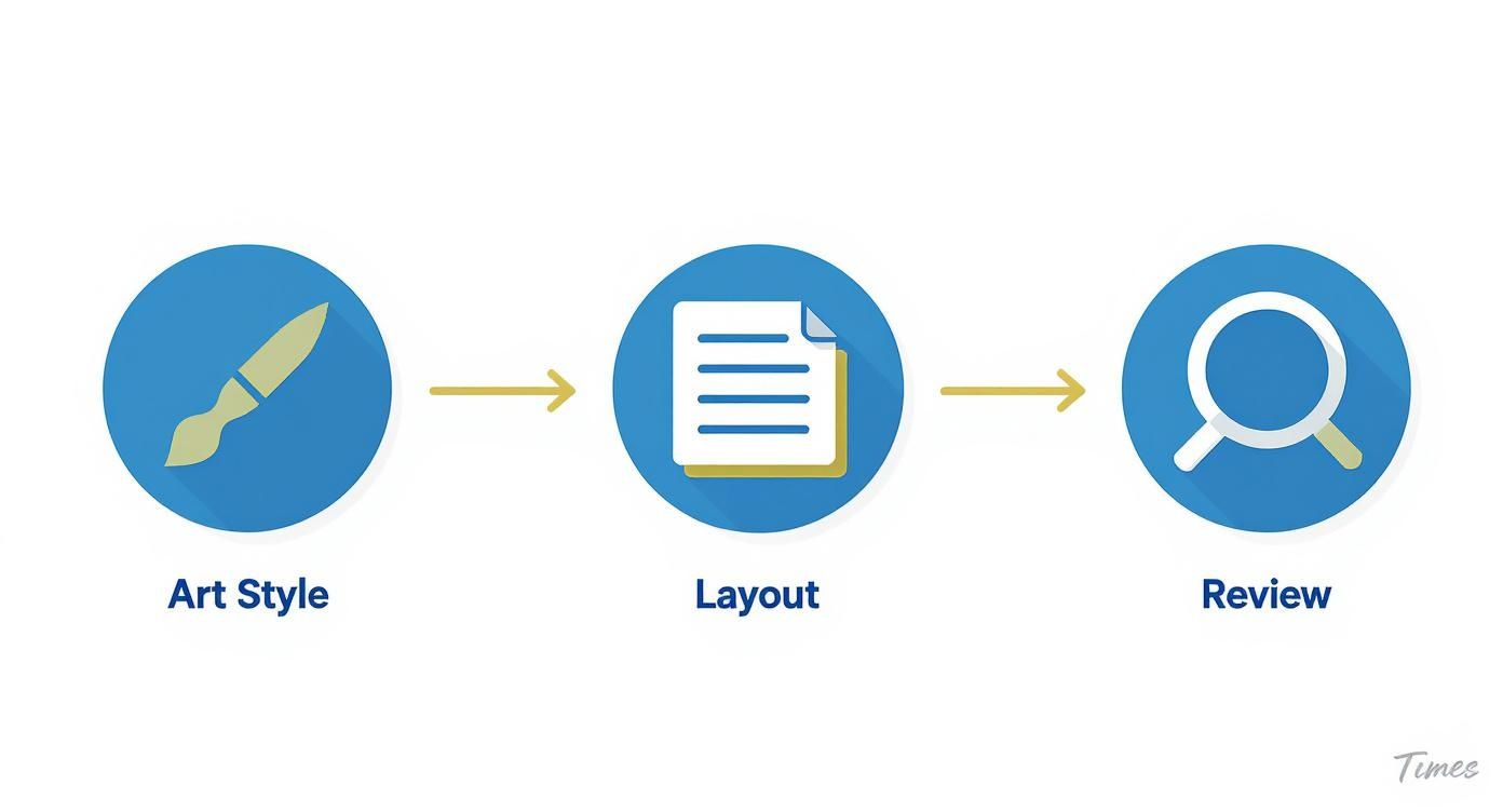 Three-step creative workflow process showing art style selection, document layout design, and final review stages