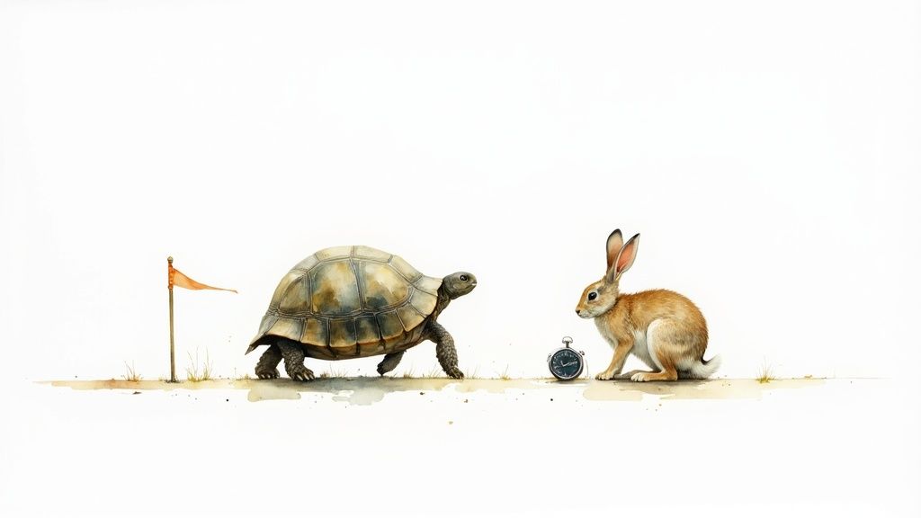 A watercolor illustration of a tortoise walking past an orange flag and a rabbit with a stopwatch.