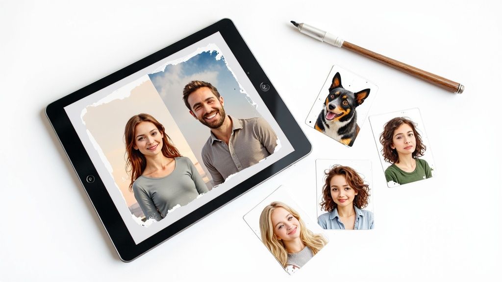 A family photo being transformed into a storybook character illustration