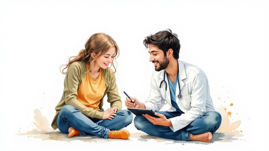 A child and a parent looking at a custom social story on a tablet.