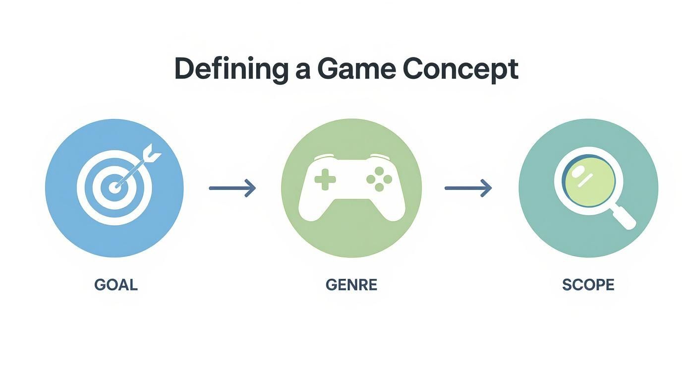 An infographic showing the three-step process of defining a game concept: Goal, Genre, and Scope.