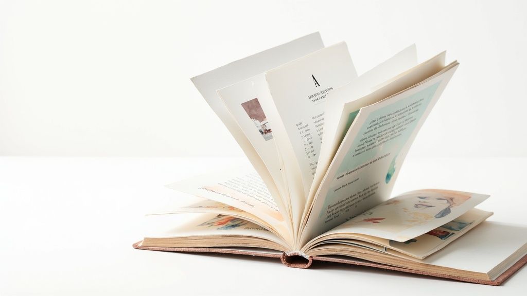 Open handmade board book with fanned pages showing illustrations and text on white background