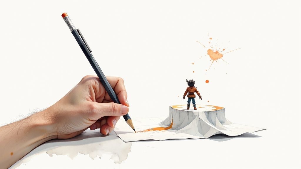 A person sketching game ideas on a notepad, with a laptop open next to them showing a colorful game screen.