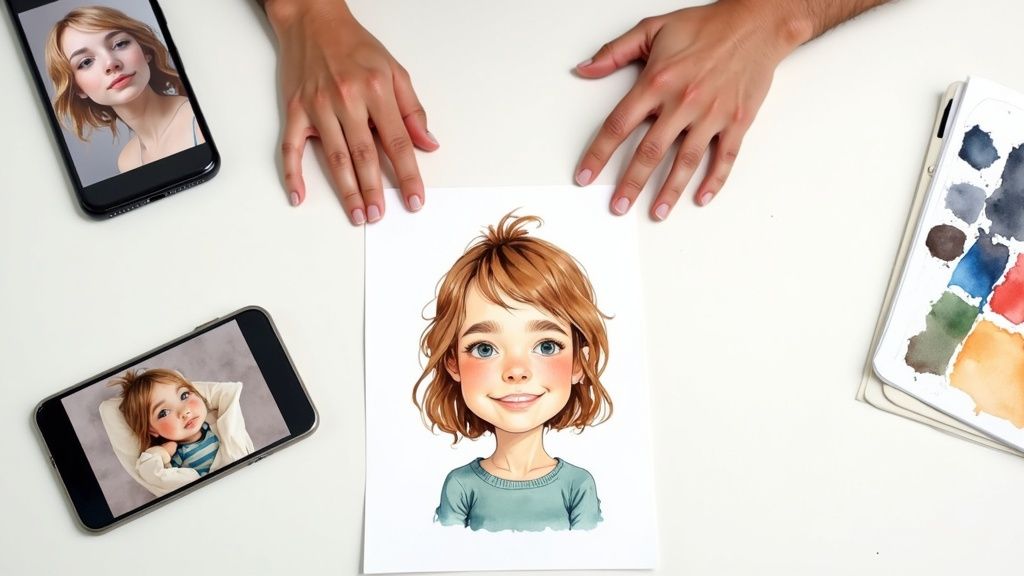 Hands holding a watercolor illustration of a child's face, surrounded by smartphones and a paint palette.
