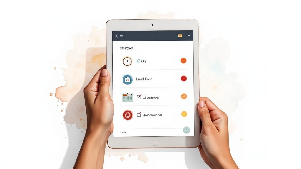 An illustration of a checklist next to a chatbot icon, representing essential features.