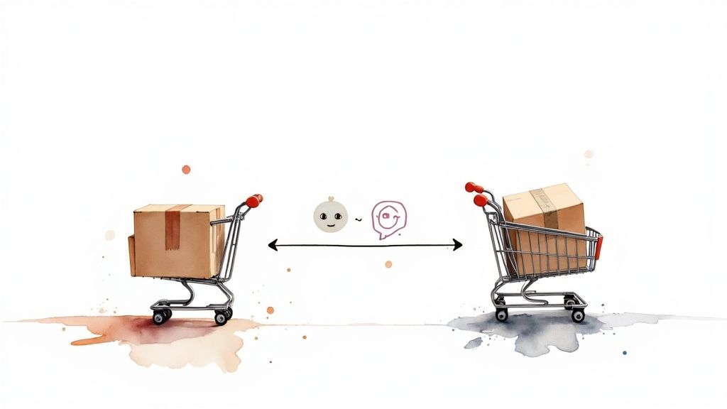 An illustration showing a WooCommerce logo connected to an AI chatbot icon, symbolizing integration.