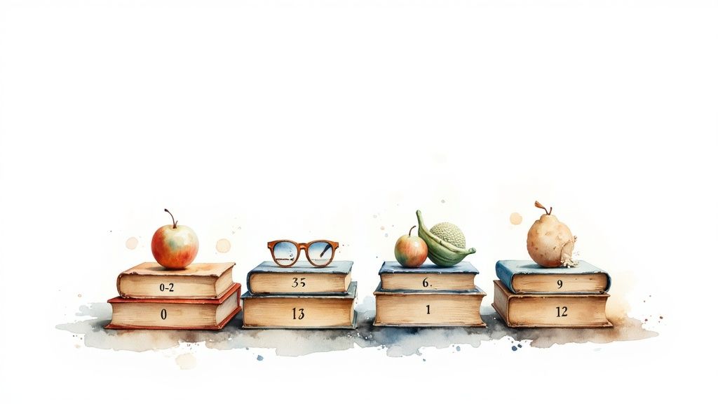 Watercolor illustration of stacked old books with an apple, glasses, and fruits, each book featuring numbers.