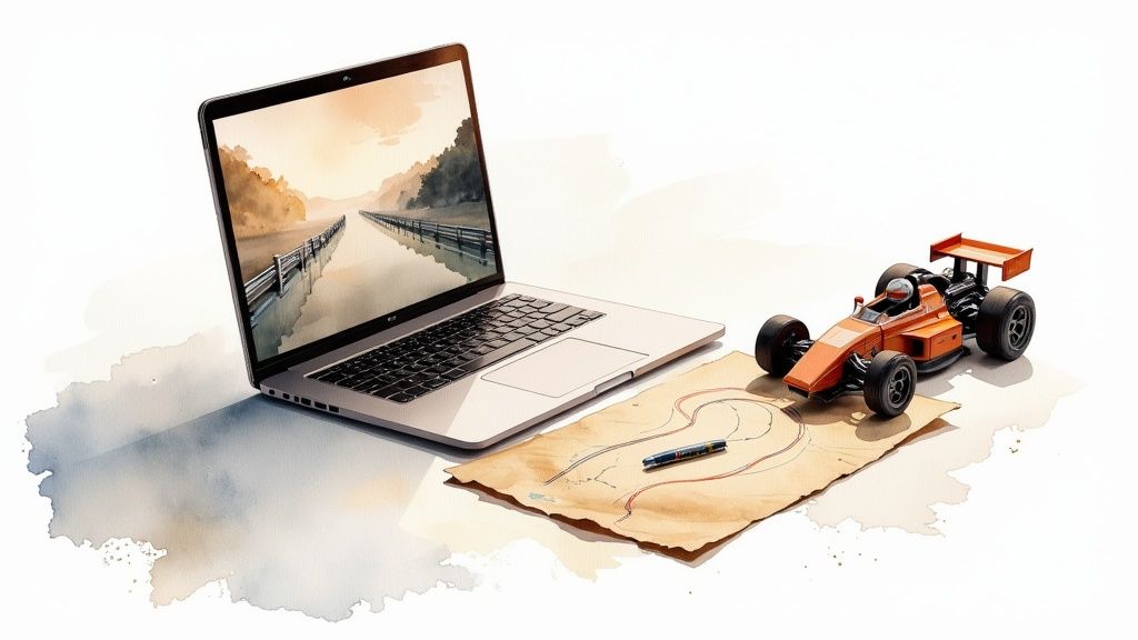 A laptop, an orange toy race car, and a hand-drawn track on paper, depicting game design.