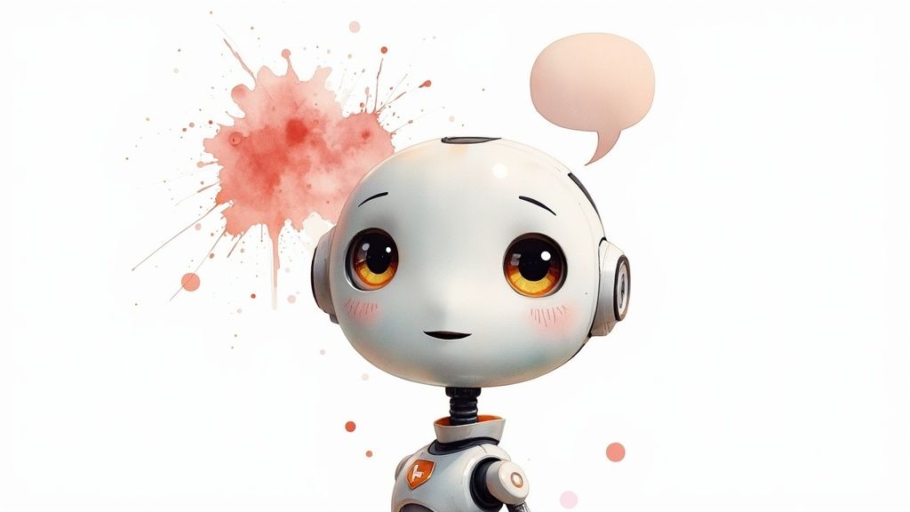 An illustration of a robot character being customized with different personality traits and colors, representing the process of giving a chatbot a unique personality.