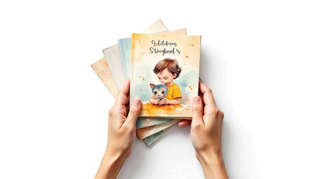 Hands holding a stack of colorful children's storybooks with a child and kitten illustration.